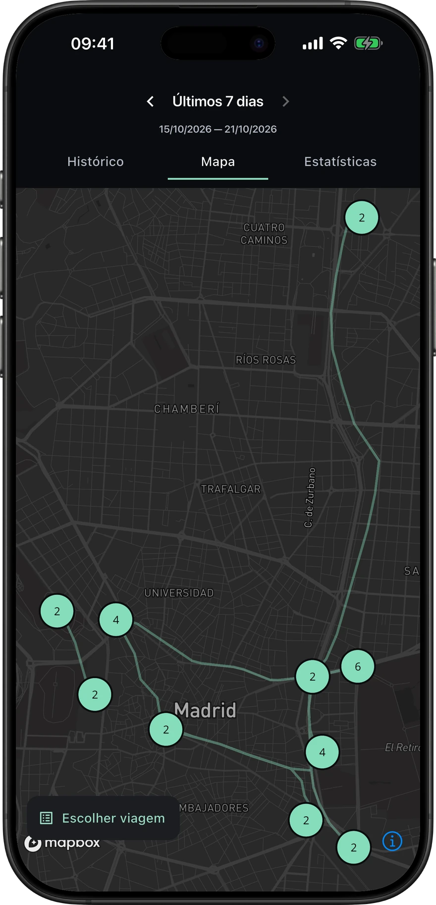 Vista de mapa da Voltie com as viagens dos últimos sete dias em Madrid